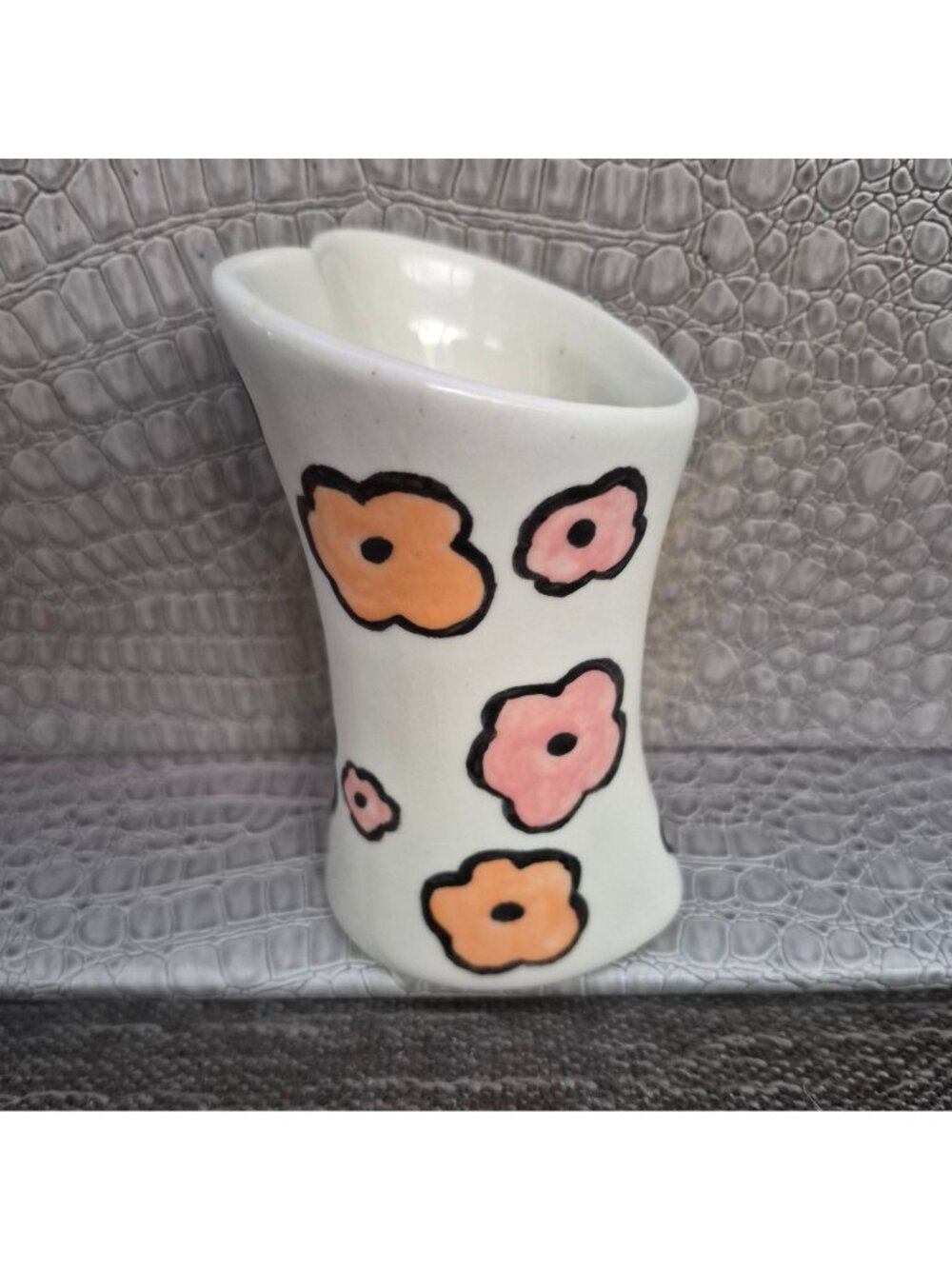 Hand-Painted Ceramic Vase Floral Design & Heart-Shaped Opening 3.5" Tall Signed